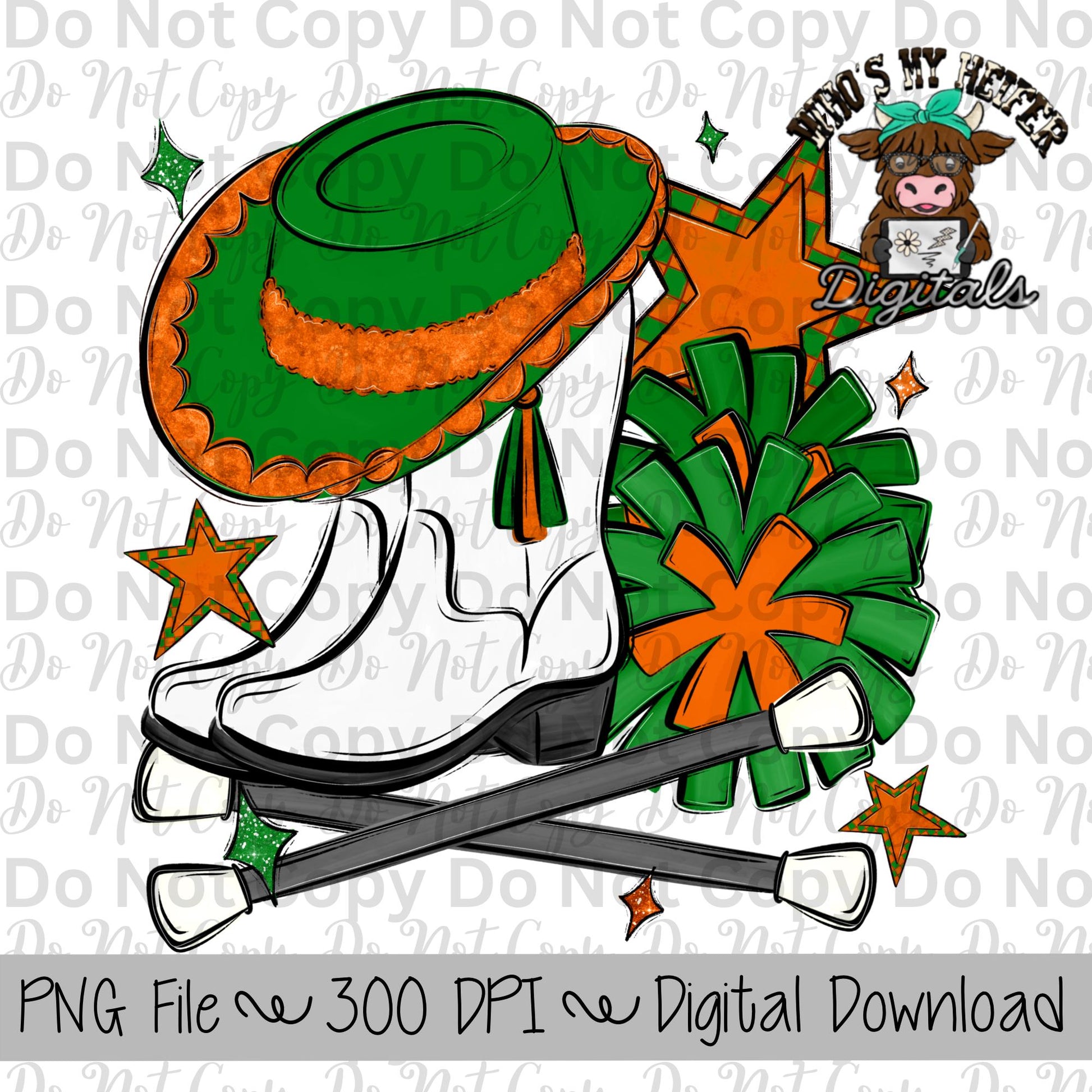 Orange and Green Drill Team PNG Hand Drawn Pompoms, Drill Hat, & Baton Twirler Sublimation Design Band Game Day Shirt Design Drill Team Boot