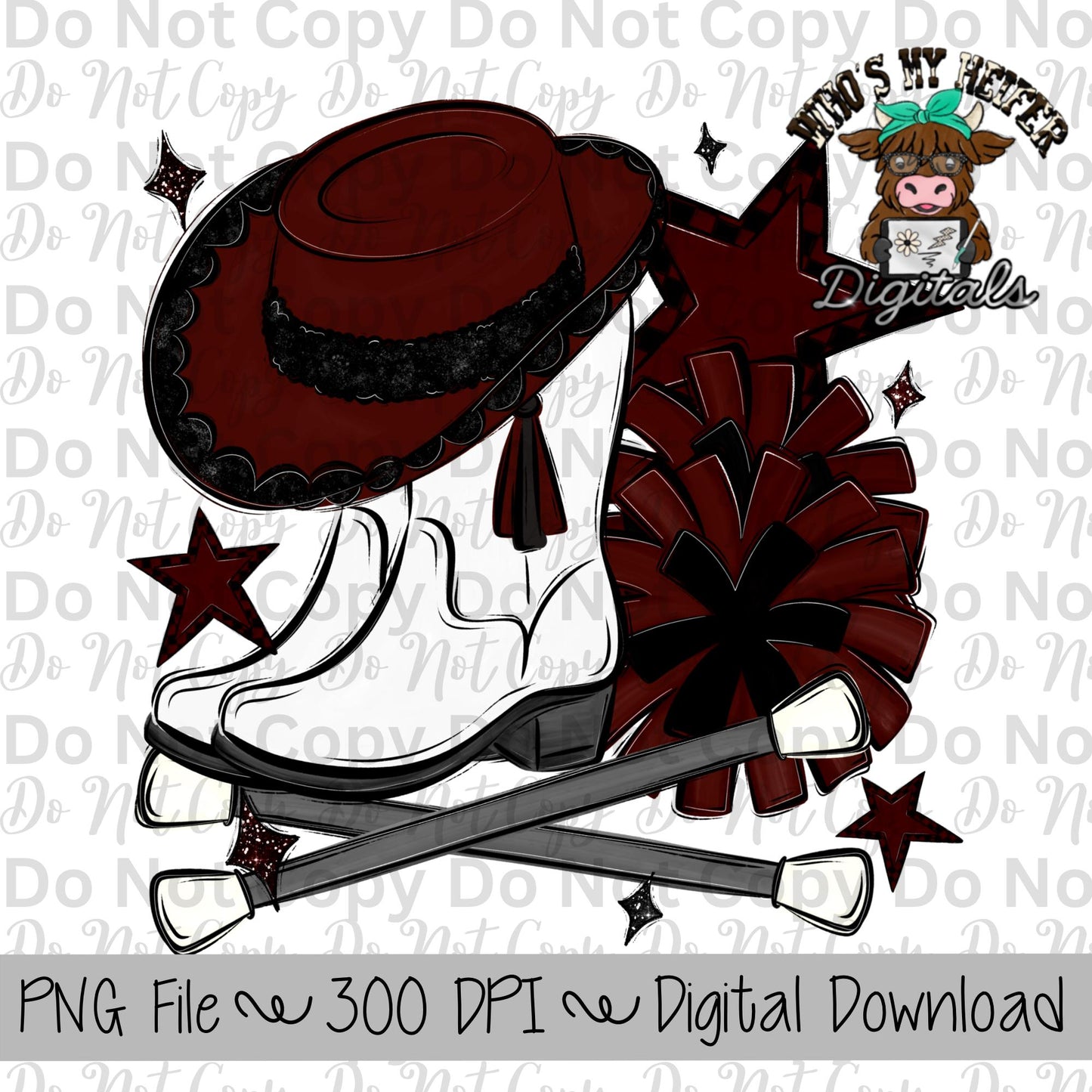 Maroon and Black Drill Team PNG Hand Drawn Pompoms, Drill Hat, & Baton Twirler Sublimation Design Band Game Day Shirt Design Drill Team Boot