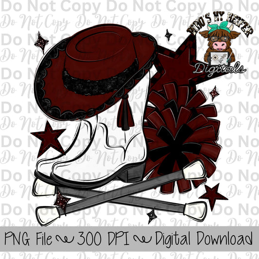 Maroon and Black Drill Team PNG Hand Drawn Pompoms, Drill Hat, & Baton Twirler Sublimation Design Band Game Day Shirt Design Drill Team Boot