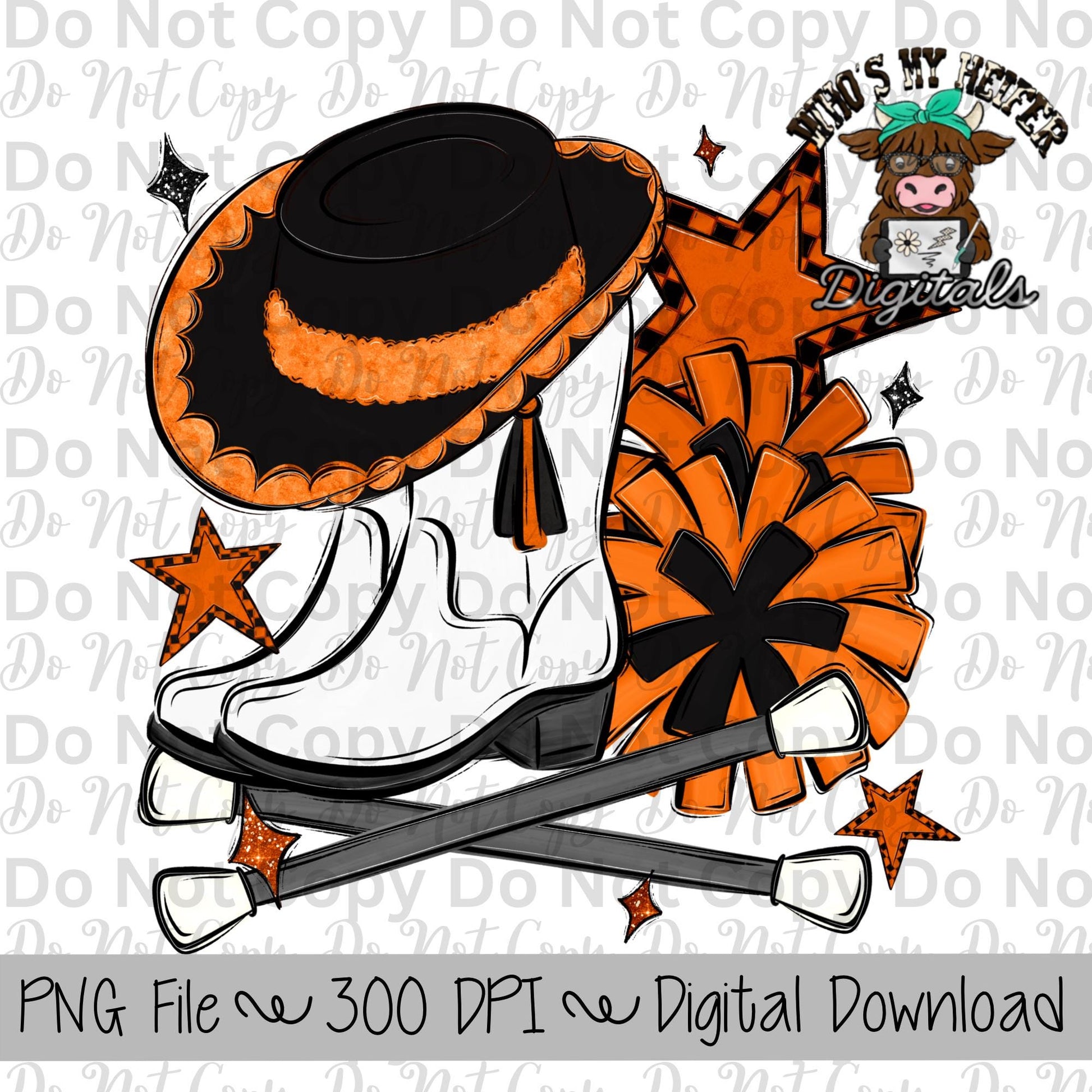 Orange and Black Drill Team PNG Hand Drawn Pompoms, Drill Hat, & Baton Twirler Sublimation Design Band Game Day Shirt Design Drill Team Boot