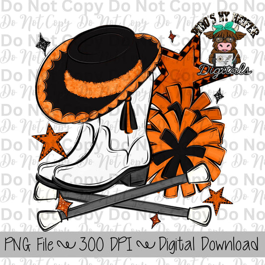 Orange and Black Drill Team PNG Hand Drawn Pompoms, Drill Hat, & Baton Twirler Sublimation Design Band Game Day Shirt Design Drill Team Boot