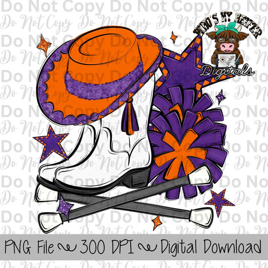 Purple and Orange Drill Team PNG Hand Drawn Pompoms, Drill Hat, & Baton Twirler Sublimation Design Game Day Shirt Design Drill Team Boots