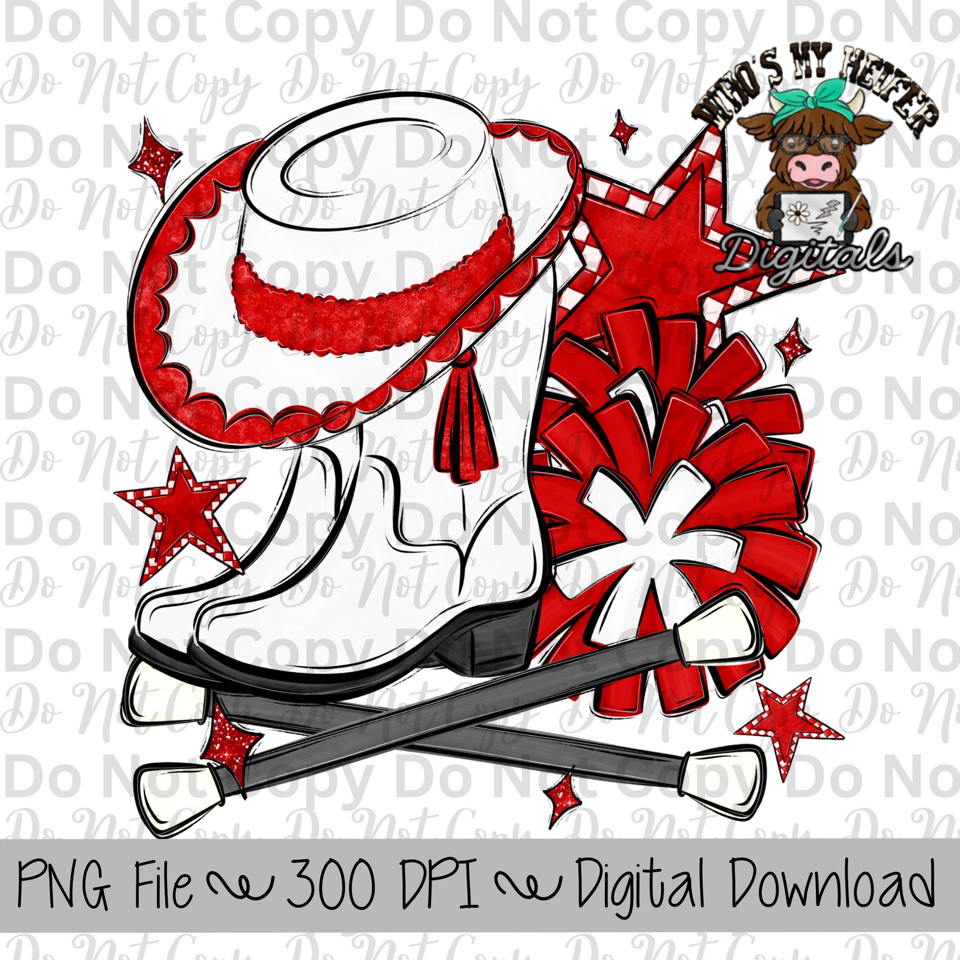 Red and White Drill Team PNG Hand Drawn Pompoms, Drill Hat, & Baton Twirler Sublimation Design Band Game Day Shirt Design Drill Team Boots