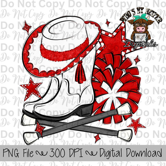 Red and White Drill Team PNG Hand Drawn Pompoms, Drill Hat, & Baton Twirler Sublimation Design Band Game Day Shirt Design Drill Team Boots