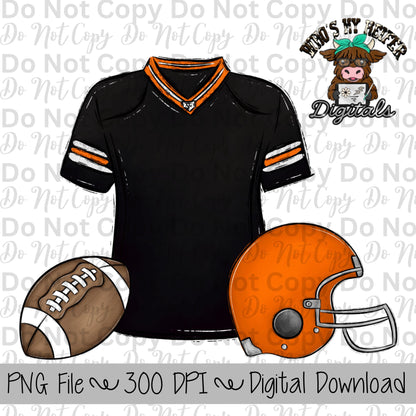 Custom Football Trio PNG Hand Drawn Football, Jersey, & Helmet Sublimation Design Custom Game Day Shirt Design Football Gear Clipart