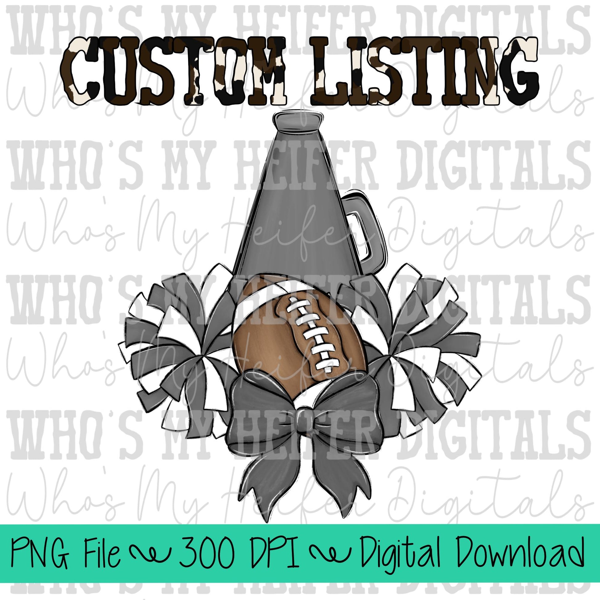 Custom Football Cheer PNG Hand Drawn Football, Pompoms, & Cheer Bow Sublimation Design Girl Game Day Shirt Design Custom Cheer Clipart
