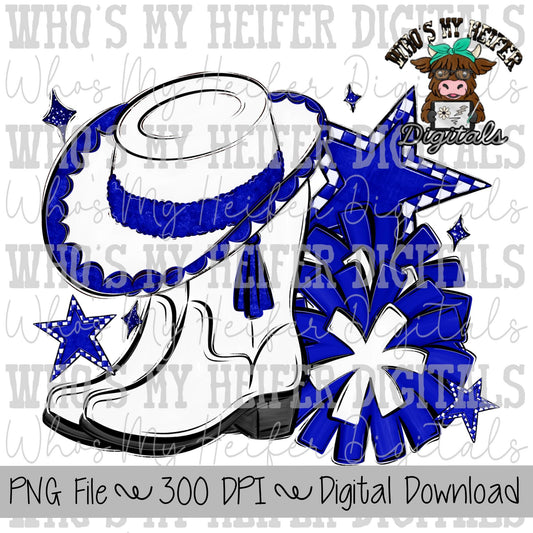 Blue and White Drill Team PNG Hand Drawn Pom Poms, & Drill Hat, Sublimation Design Girl Game Day Shirt Design Drill Team Boots Printable Art