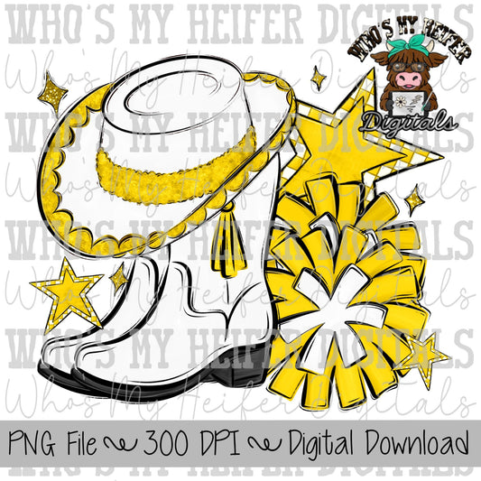 Yellow and White Drill Team PNG Hand Drawn Pom Poms & Drill Hat Sublimation Design Band Game Day Shirt Design Drill Team Boot Printable Art