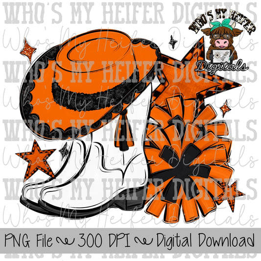 Orange and Black Drill Team PNG Hand Drawn Pom Poms & Drill Hat Sublimation Design Band Game Day Shirt Design Drill Team Boots Printable Art