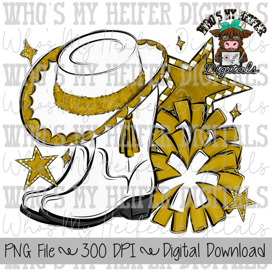 Gold and White Drill Team PNG Hand Drawn Pom Poms & Drill Hat Sublimation Design Girl Game Day Shirt Design Drill Team Boots Printable Art