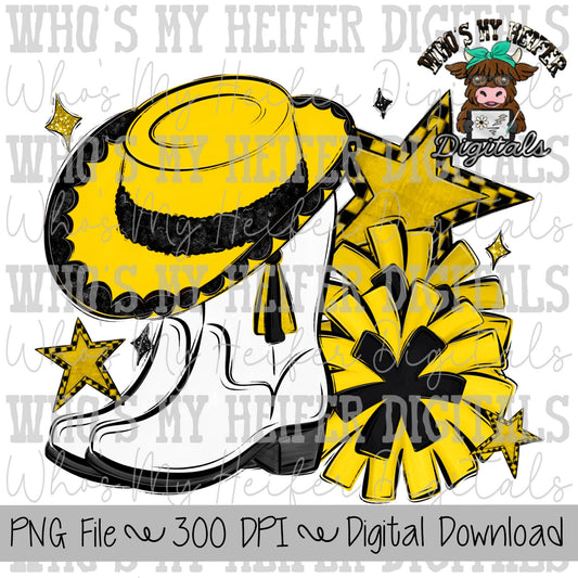 Yellow and Black Drill Team PNG Hand Drawn Pom Poms & Drill Hat Sublimation Design Girl Game Day Shirt Design Drill Team Boots Printable Art