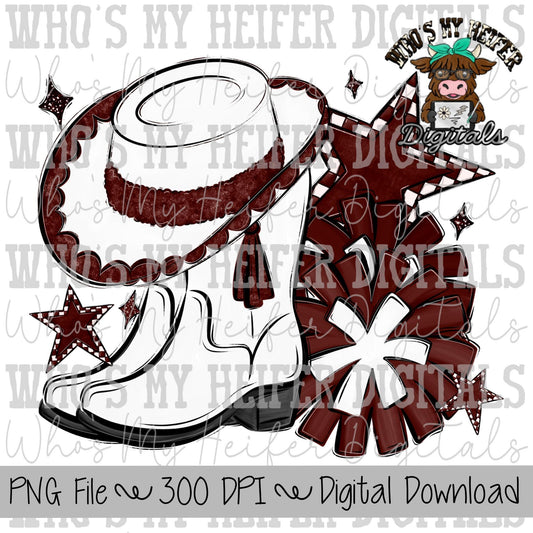 Maroon and White Drill Team PNG Hand Drawn Pom Poms & Drill Hat Sublimation Design Game Day Shirt Design Drill Team Boots Printable Art
