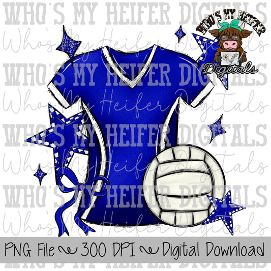 Blue and White Volleyball PNG Hand Drawn Volleyball, Bow, & Jersey Sublimation Design Retro Game Day Shirt Design Checkered Stars Clipart