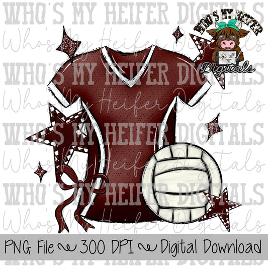 Maroon and White Volleyball PNG Hand Drawn Volleyball, Bow, & Jersey Sublimation Design Retro Game Day Shirt Design Checkered Stars Clipart