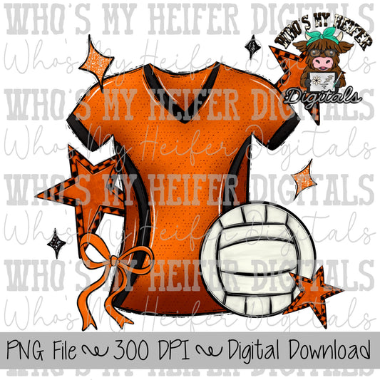 Orange and Black Volleyball PNG Hand Drawn Volleyball, Bow, & Jersey Sublimation Design Retro Game Day Shirt Design Checkered Stars Clipart