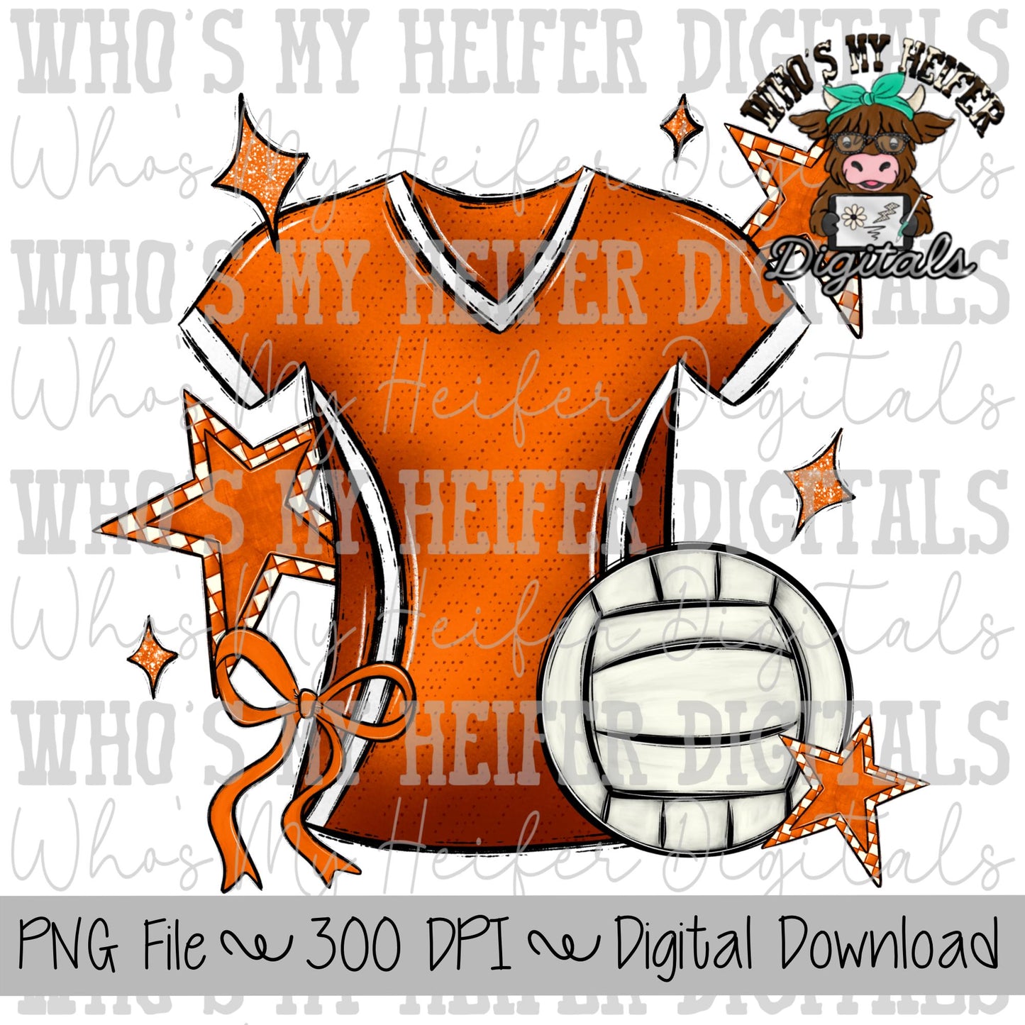 Orange and White Volleyball PNG Hand Drawn Volleyball, Bow, & Jersey Sublimation Design Retro Game Day Shirt Design Checkered Stars Clipart