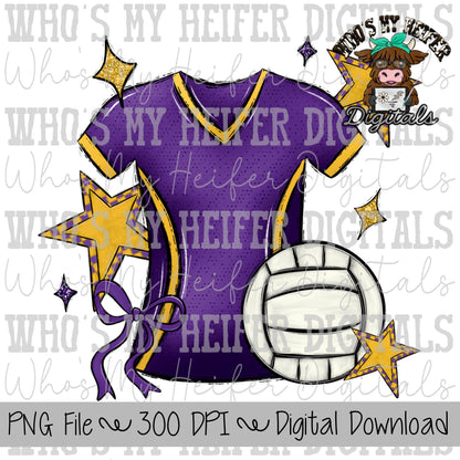 Purple and Yellow Volleyball PNG Hand Drawn Volleyball, Bow, & Jersey Sublimation Design Retro Game Day Shirt Design Checkered Stars Clipart