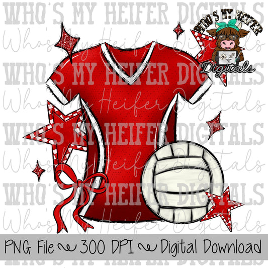 Red and White Volleyball PNG Hand Drawn Volleyball, Bow, & Jersey Sublimation Design Retro Game Day Shirt Design Checkered Stars Clipart