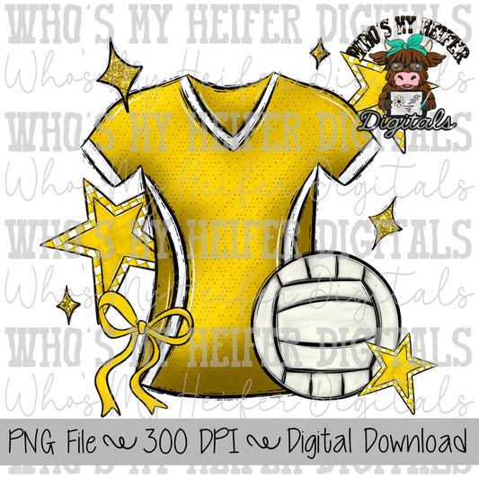 Yellow and White Volleyball PNG Hand Drawn Volleyball, Bow, & Jersey Sublimation Design Retro Game Day Shirt Design Checkered Stars Clipart