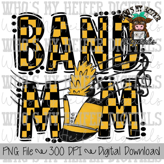 Black & Yellow Band Mom PNG Hand Drawn Checkered Band Mama Sublimation Design Band Game Day Shirt Designs Marching Band Mom Digital Download
