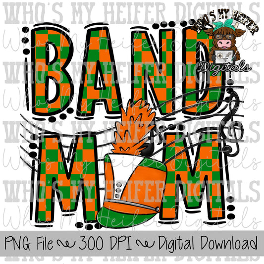 Green & Orange Band Mom PNG Hand Drawn Checkered Band Mama Sublimation Design Band Game Day Shirt Design Marching Band Mom Digital Download