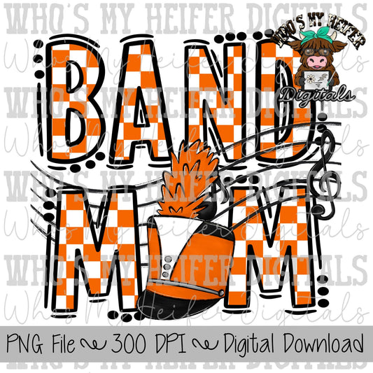 Orange & White Band Mom PNG Hand Drawn Checkered Band Mama Sublimation Design Band Game Day Shirt Design Marching Band Mom Digital Download