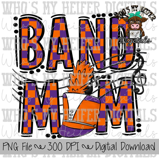 Purple & Orange Band Mom PNG Hand Drawn Checkered Band Mama Sublimation Design Band Game Day Shirt Design Marching Band Mom Digital Download
