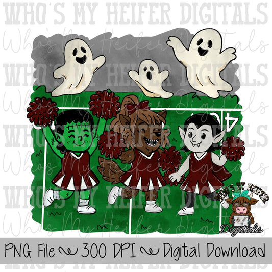 Monster Cheerleader PNG Hand Drawn Halloween Cheer Sublimation Design Girl Halloween Shirt Designs Game Day Digital Download Ghost Clipart