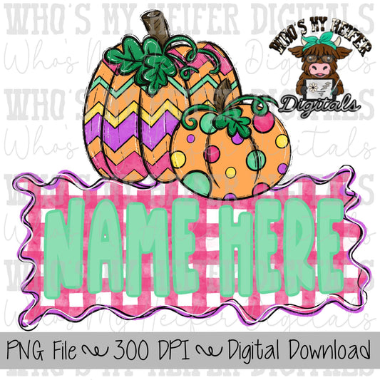 Cute Fall PNG Hand Drawn Girly Pumpkins Sublimation Design Polka Dot & Chevron Pumpkin with Name Block Shirt Design Preppy Fall Digital Art