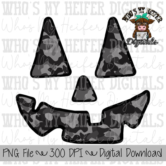 Halloween Camo Jack o Lantern Sublimation PNG Hand Drawn Camouflage Pumpkin Face PNG File Boy Hunting Shirt Design Deer Turkey Black Camo