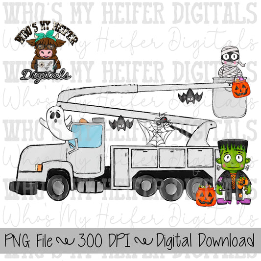Halloween Boom Truck PNG Hand Drawn Lineman Truck Sublimation Design Boy Bucket Truck Shirt Design Halloween Construction Truck Clipart