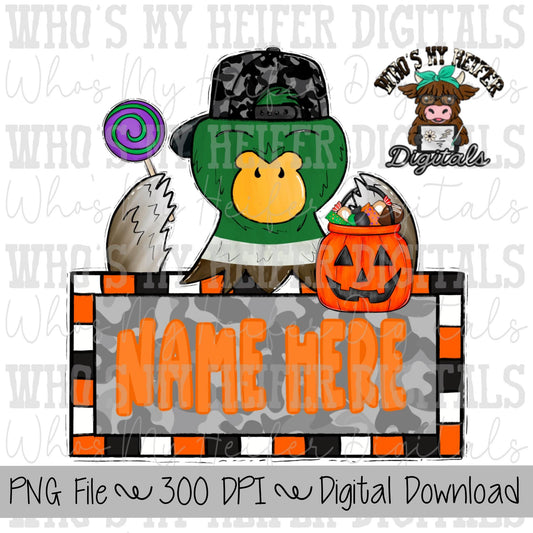 Trick or Treat Duck Sublimation PNG Hand Drawn Mallard Duck with Name Block PNG File Boy Hunting Shirt Design Halloween Duck Doodle Art