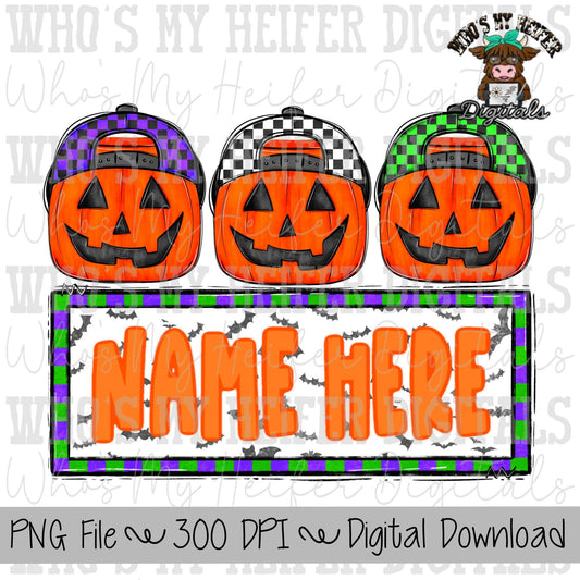 Halloween Bucket Trio with Hats Sublimation PNG Hand Drawn Halloween Bucket PNG File Boy Halloween Shirt Design Checkered Backward Hat PNG