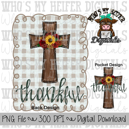 Christian Thankful PNG Hand Drawn Thankful Floral Cross Sublimation Design Women's Thanksgiving Shirt Design Plaid Fall Digital Download