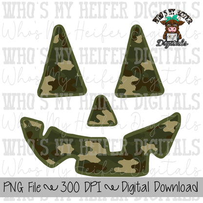 Halloween Camo Jack o Lantern Sublimation PNG Hand Drawn Camouflage Pumpkin Face PNG File Boy Hunting Shirt Design Deer Turkey Camouflage