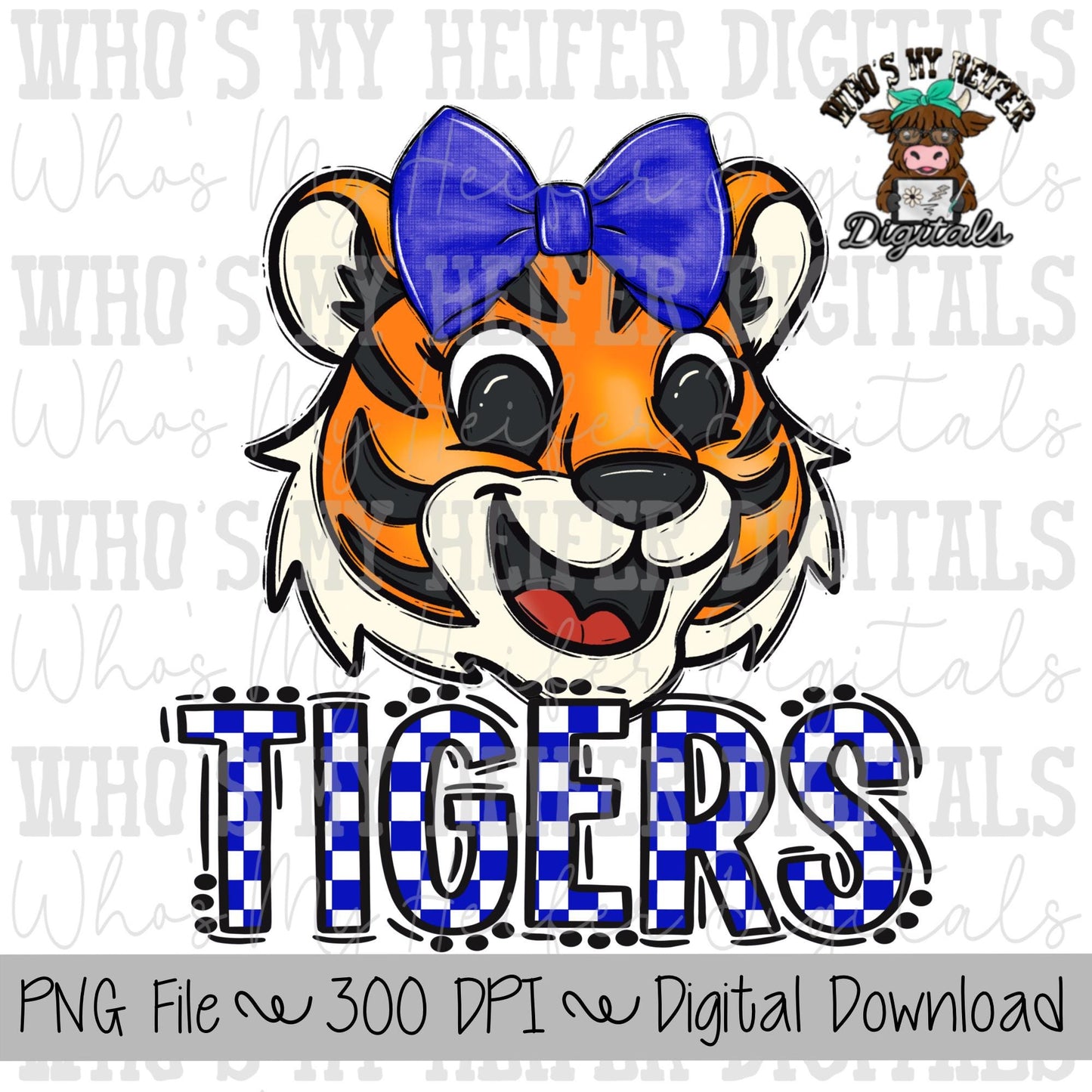 Blue & White Tiger PNG Hand Drawn Tiger with Bow Sublimation PNG Game Day Shirt Designs School Spirit PNG Checkered Tiger Digital Download