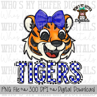 Blue & White Tiger PNG Hand Drawn Tiger with Bow Sublimation PNG Game Day Shirt Designs School Spirit PNG Checkered Tiger Digital Download