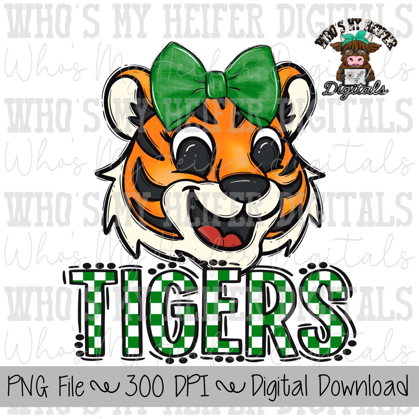 Green & White Tiger PNG Hand Drawn Tiger with Bow Sublimation PNG Game Day Shirt Designs School Spirit PNG Checkered Tiger Digital Download