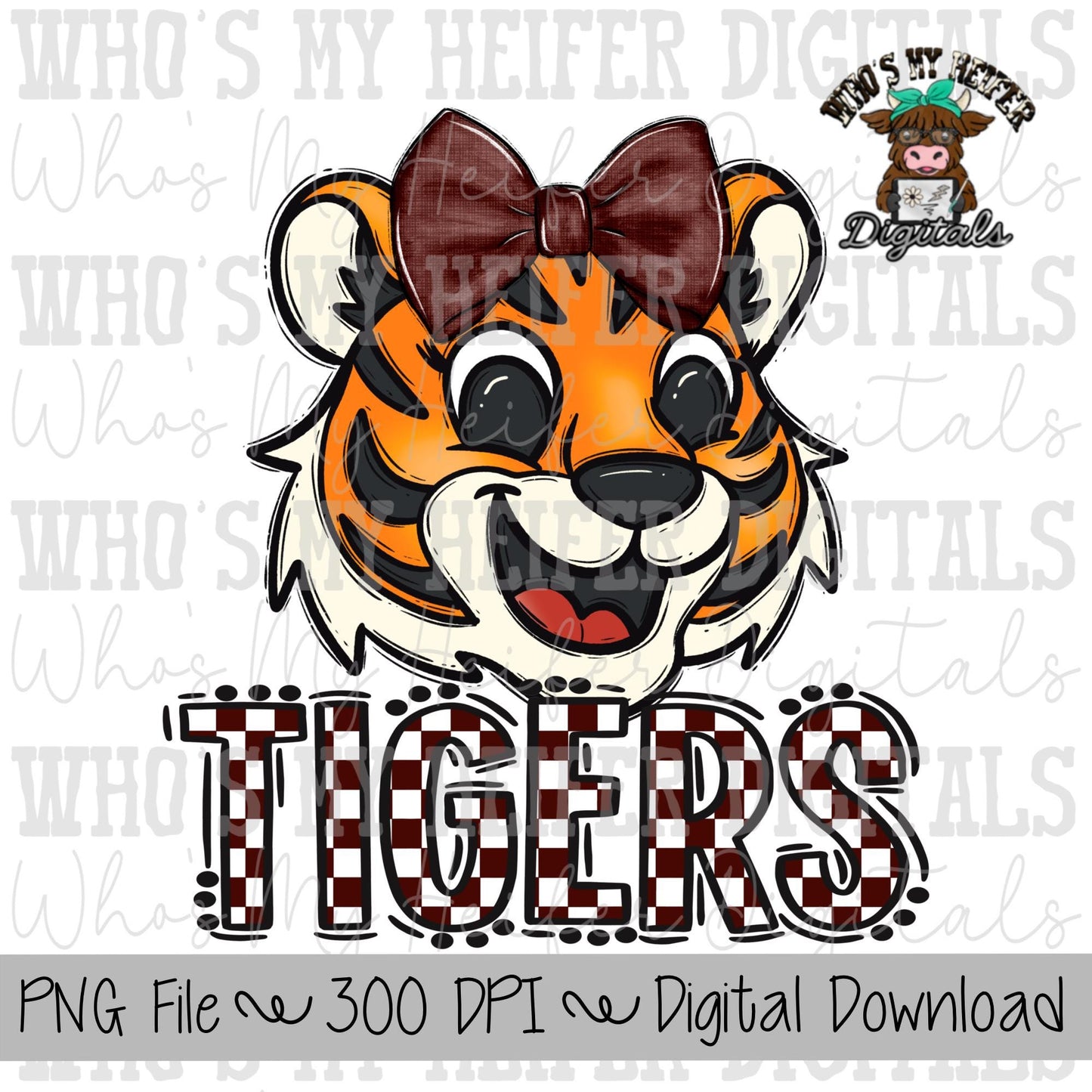 Maroon & White Tiger PNG Hand Drawn Tiger with Bow Sublimation PNG Game Day Shirt Designs School Spirit PNG Checkered Tiger Digital Download