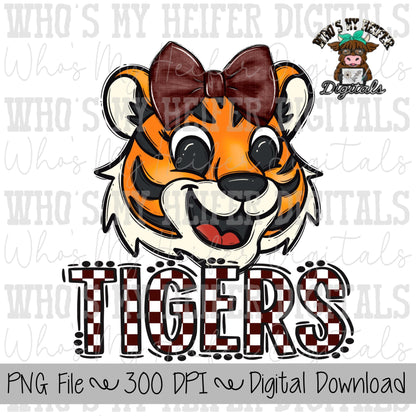 Maroon & White Tiger PNG Hand Drawn Tiger with Bow Sublimation PNG Game Day Shirt Designs School Spirit PNG Checkered Tiger Digital Download