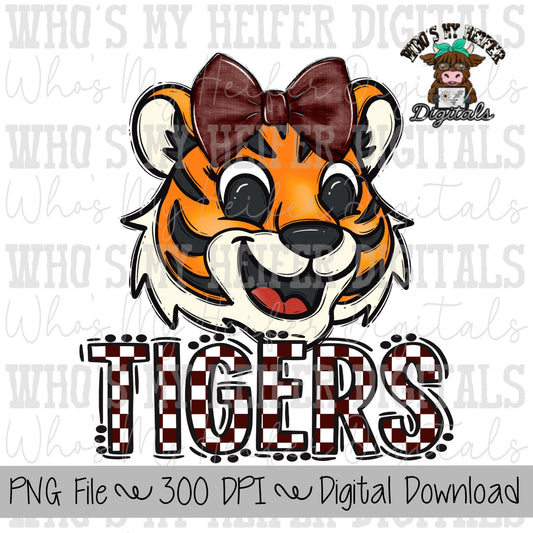 Maroon & White Tiger PNG Hand Drawn Tiger with Bow Sublimation PNG Game Day Shirt Designs School Spirit PNG Checkered Tiger Digital Download