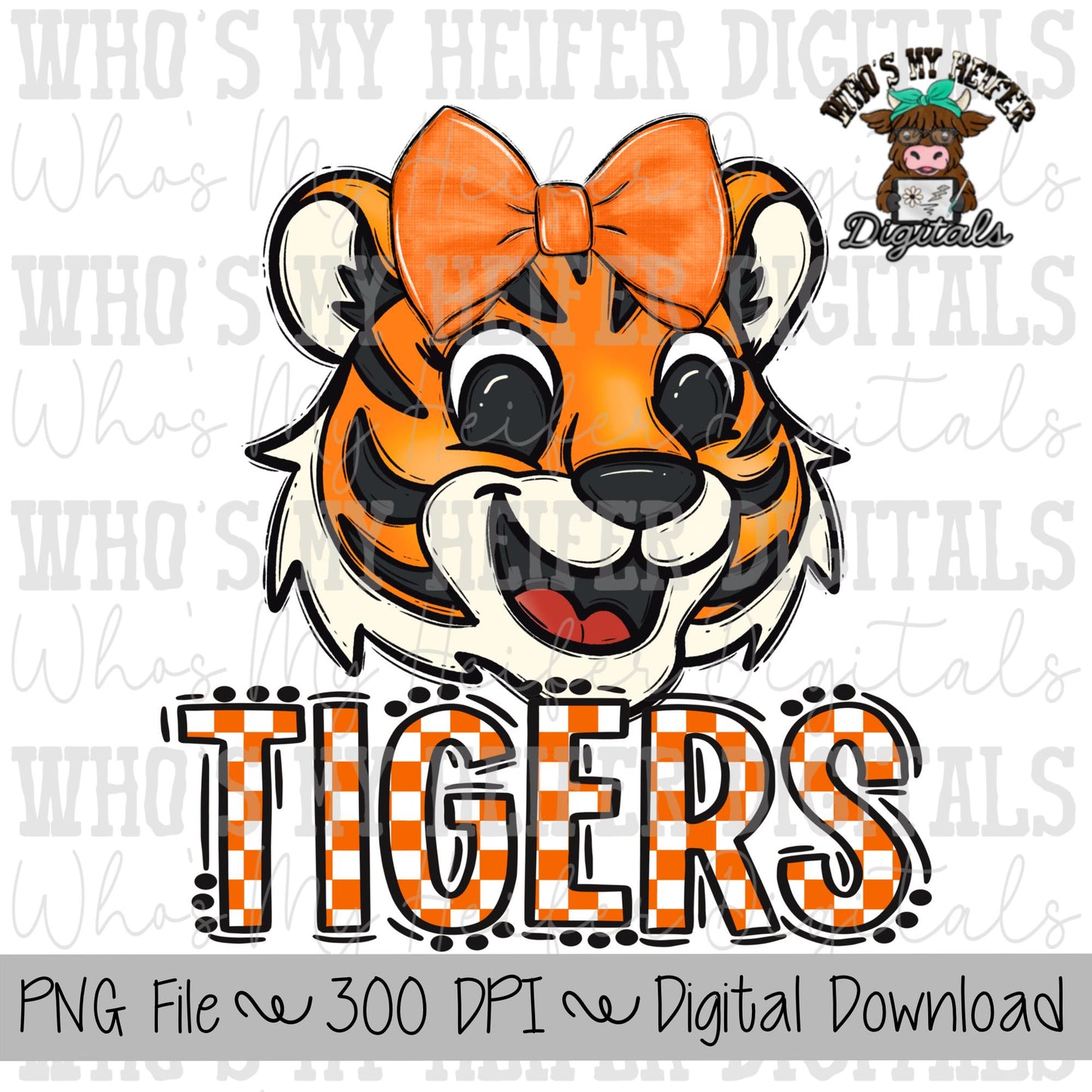 Orange & White Tiger PNG Hand Drawn Tiger with Bow Sublimation PNG Game Day Shirt Designs School Spirit PNG Checkered Tiger Digital Download