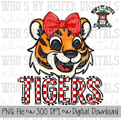 Red & White Tiger PNG Hand Drawn Tiger with Bow Sublimation PNG Game Day Shirt Designs School Spirit PNG Checkered Tiger Digital Download