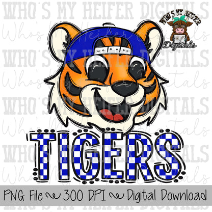 Blue & White Tiger PNG Hand Drawn Tiger with Hat Sublimation PNG Game Day Shirt Designs School Spirit PNG Checkered Tiger Digital Download