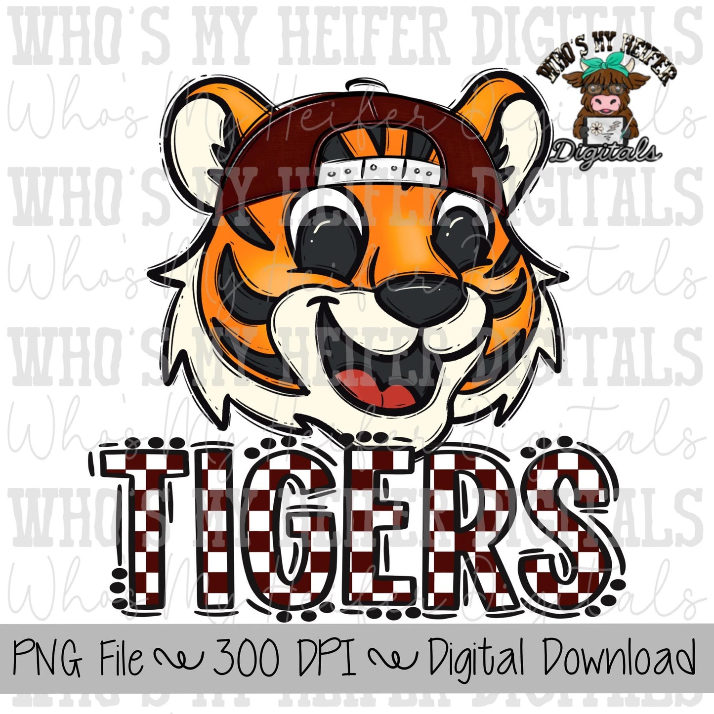 Maroon & White Tiger PNG Hand Drawn Tiger with Hat Sublimation PNG Game Day Shirt Designs School Spirit PNG Checkered Tiger Digital Download