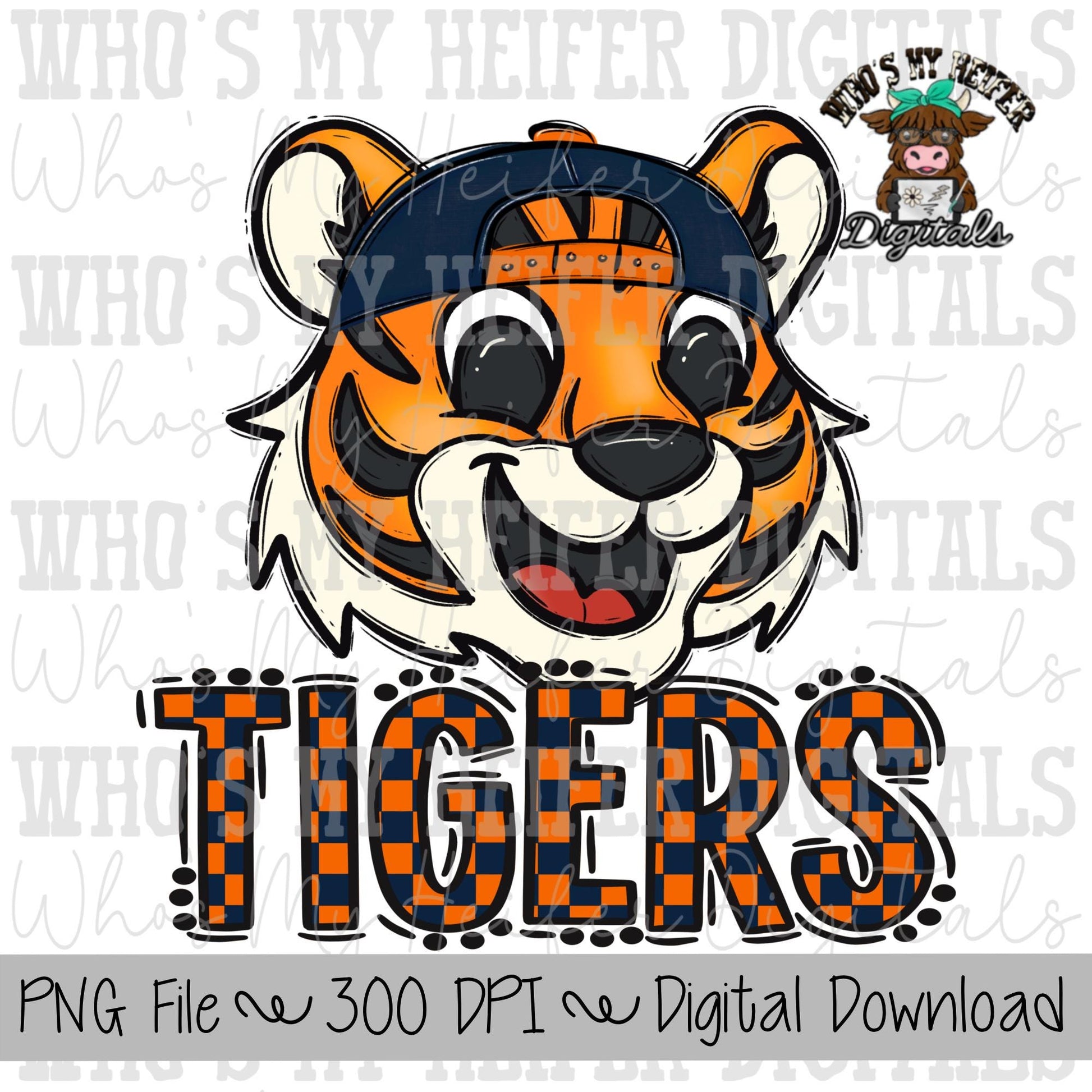 Tiger PNG Hand Drawn Tiger with Hat Sublimation PNG Game Day Shirt Designs School Spirit PNG Checkered Tiger Digital Download