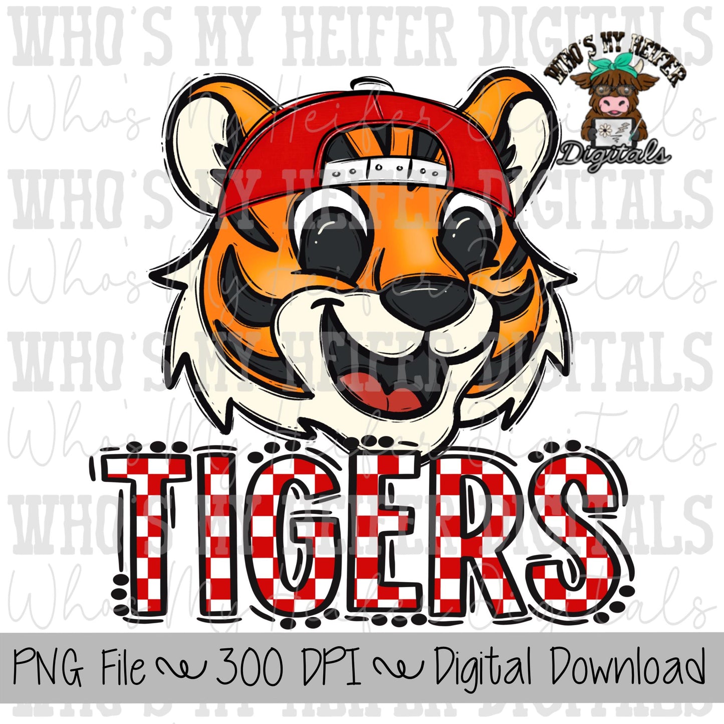 Red & White Tiger PNG Hand Drawn Tiger with Hat Sublimation PNG Game Day Shirt Designs School Spirit PNG Checkered Tiger Digital Download