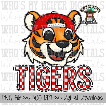 Red & White Tiger PNG Hand Drawn Tiger with Hat Sublimation PNG Game Day Shirt Designs School Spirit PNG Checkered Tiger Digital Download