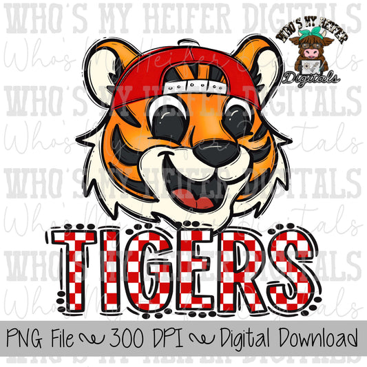 Red & White Tiger PNG Hand Drawn Tiger with Hat Sublimation PNG Game Day Shirt Designs School Spirit PNG Checkered Tiger Digital Download