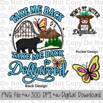 Take Back Me to Dolly PNG Hand Drawn Smoky Mountains Pigeon Forge Vacation Sublimation Design Whimsical Butterfly Shirt Design Printable Art
